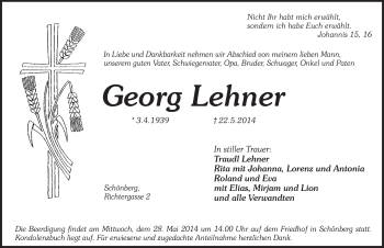 Traueranzeige von Georg Lehner von Pegnitz-Zeitung